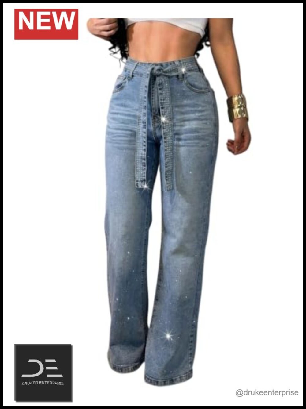High Waisted Wide Leg Jeans Rhinestone Embellished Denim Pants with Sparkle Belt